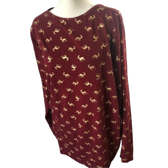 Lands End Reindeer Tee Women XL Cranberry with Gold Deer  Cotton Modal - Picture 1 of 11